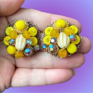 Vintage citrus art glass cluster clip-on earrings goldtone unmarked